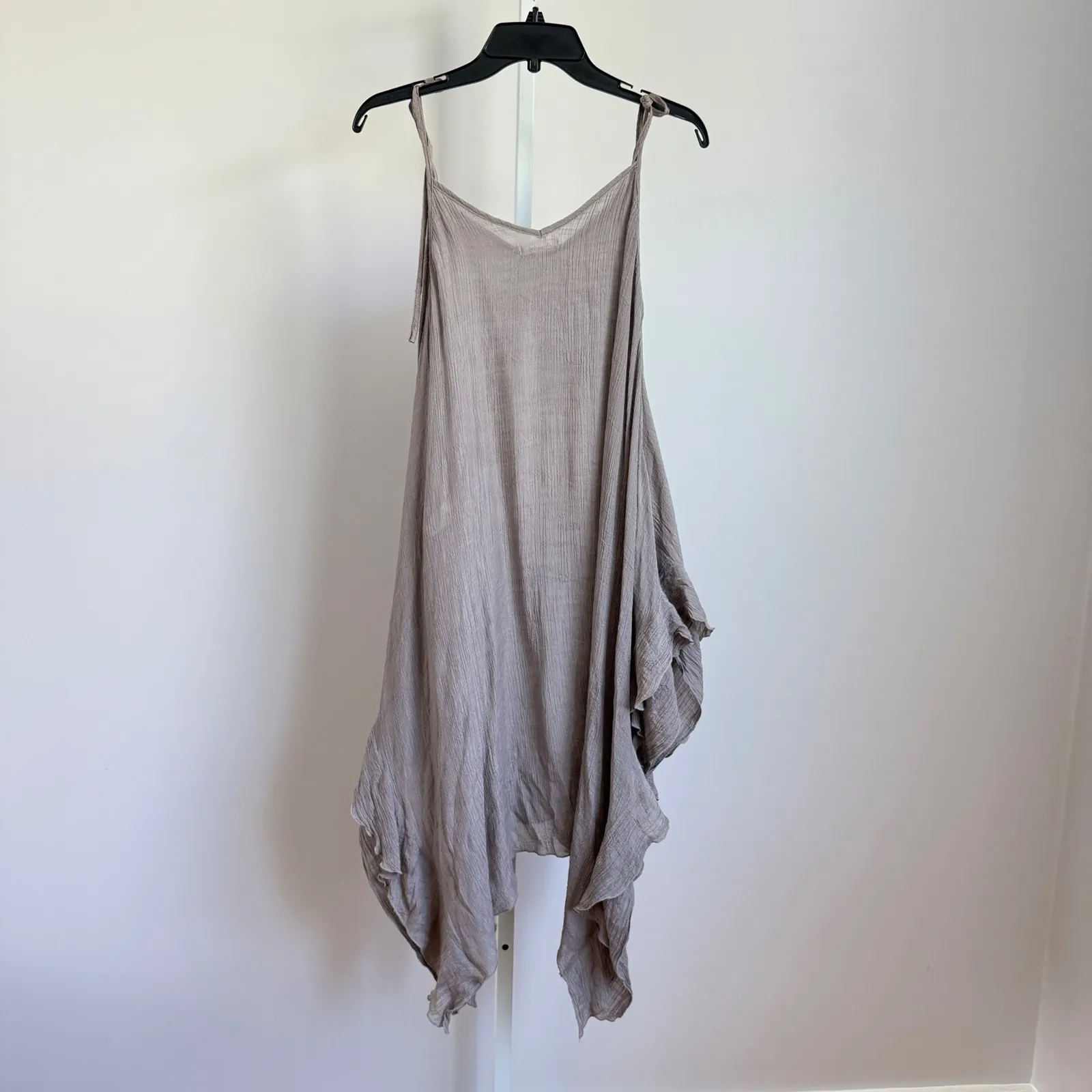 Cecico‎ Crinkle Gauze Dress sz M Taupe tie Sleeveless Asymmetrical Lagenlook - Image 7