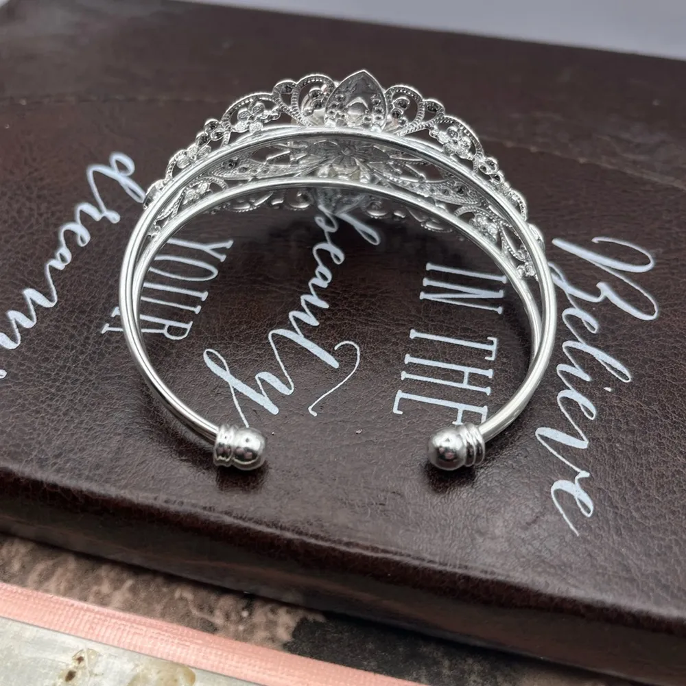 Red Floral Glass Cabochon Silver Filigree Cuff Bracelet - Image 4