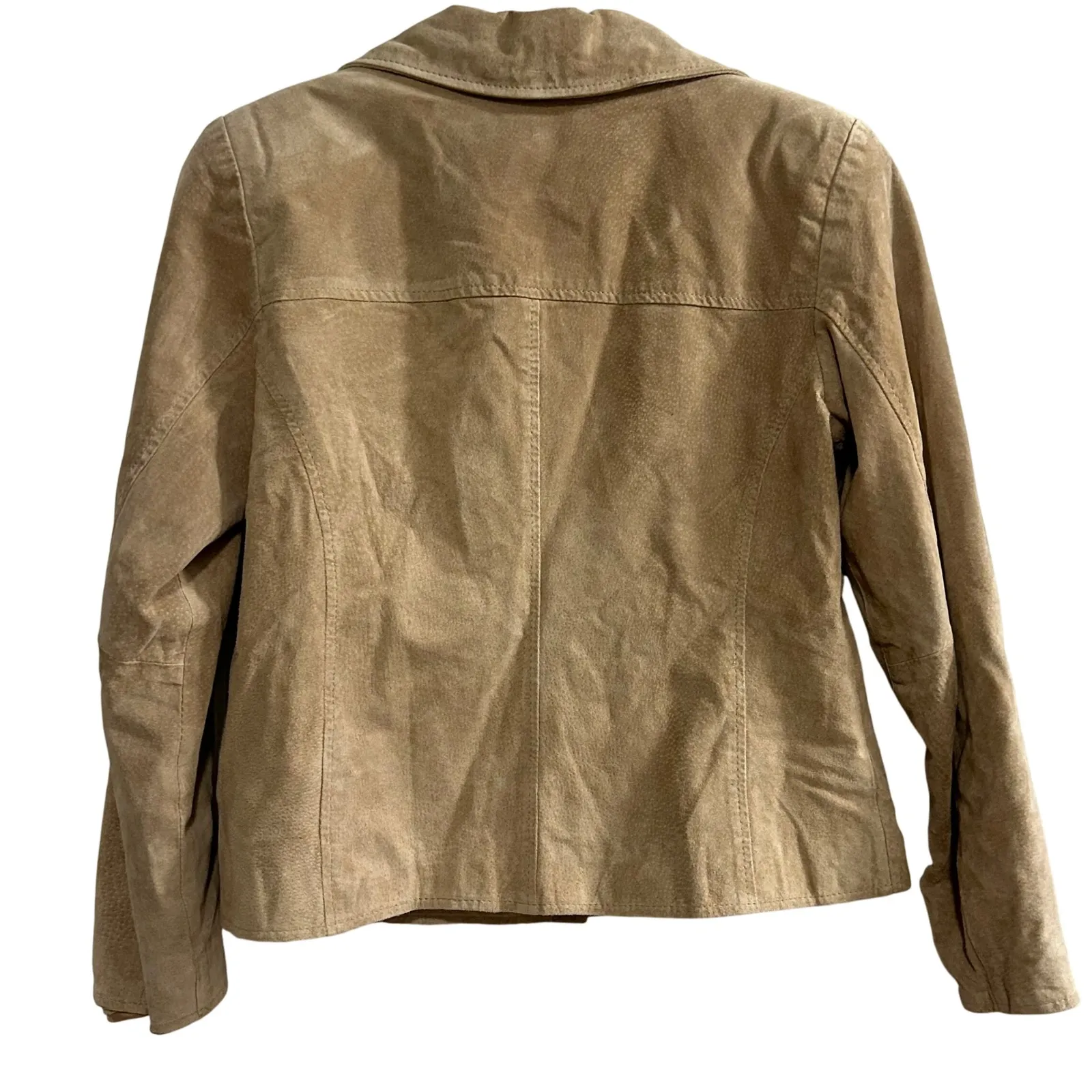 Jacqueline Ferrar Suede Leather Jacket Tan Petite Small Button Front Pockets - Image 2