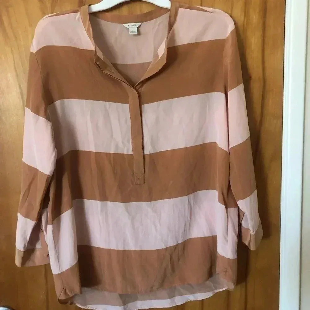 Fossil neutral striped Crew Neck silk  Blouse classic preppy timeless Old Money - Image 11