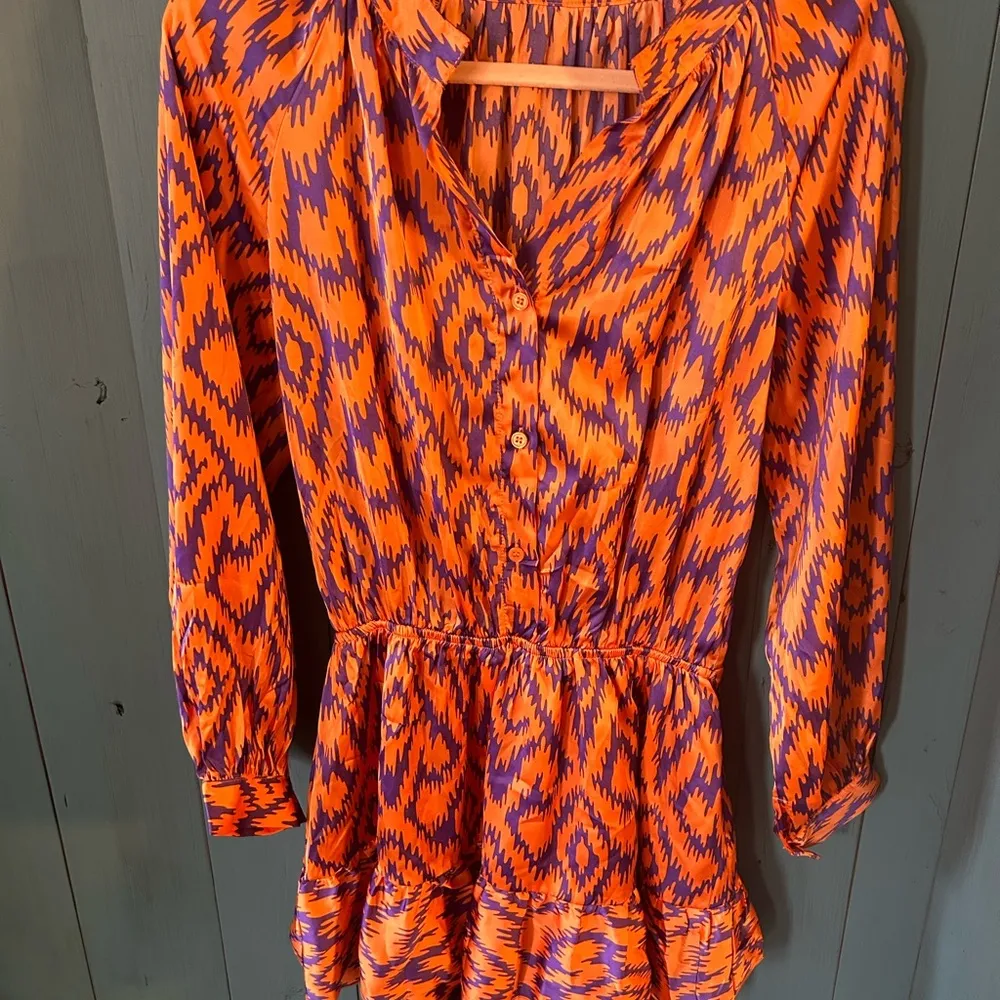 Boutique Vibrant Orange and Purple Aztec Patterned Long Sleeve Romper, Sz S - Image 5