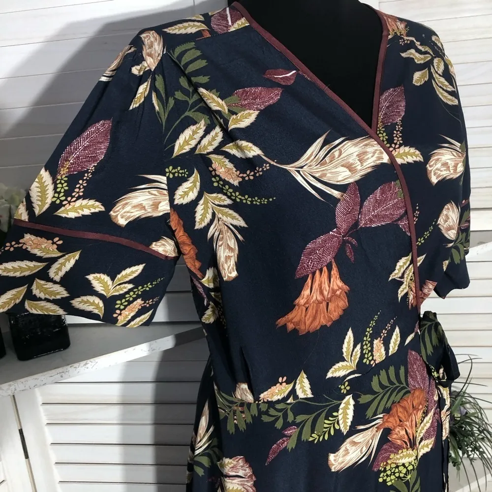 Johnny Was Jade floral pattern rust orange cream navy blue wrap midi dress Sz M - Image 3