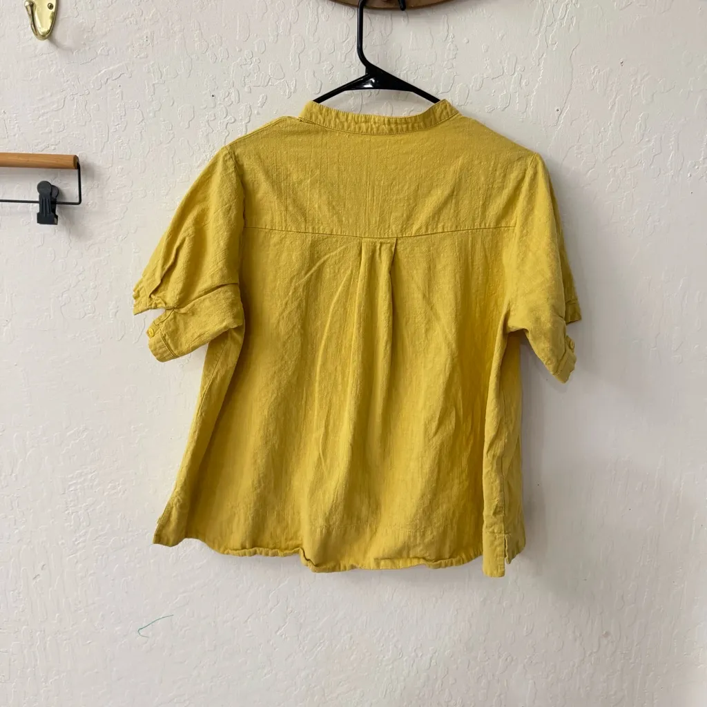 Yellow Linen Cotton Blend Boxy Embroidered Button Down Short Sleeve Gold Size L - Image 6