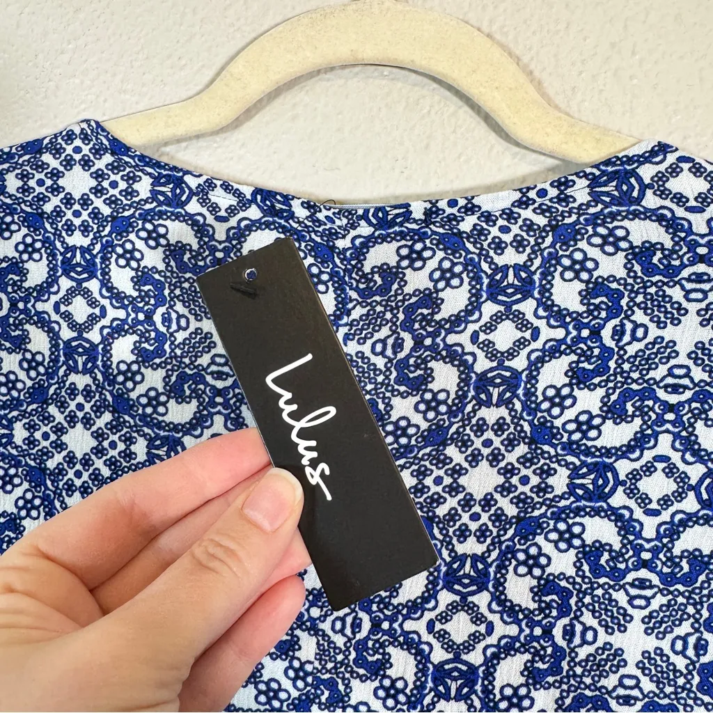 Lulus Blue White Mandala Floral Print Maxi Dress Womens L Boho Modest Romantic - Image 5