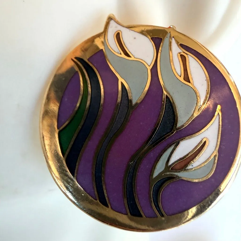 Laurel Burch Lilies for Les Gold Tone Cloisonné Enamel Disc Earrings Purple - Image 5