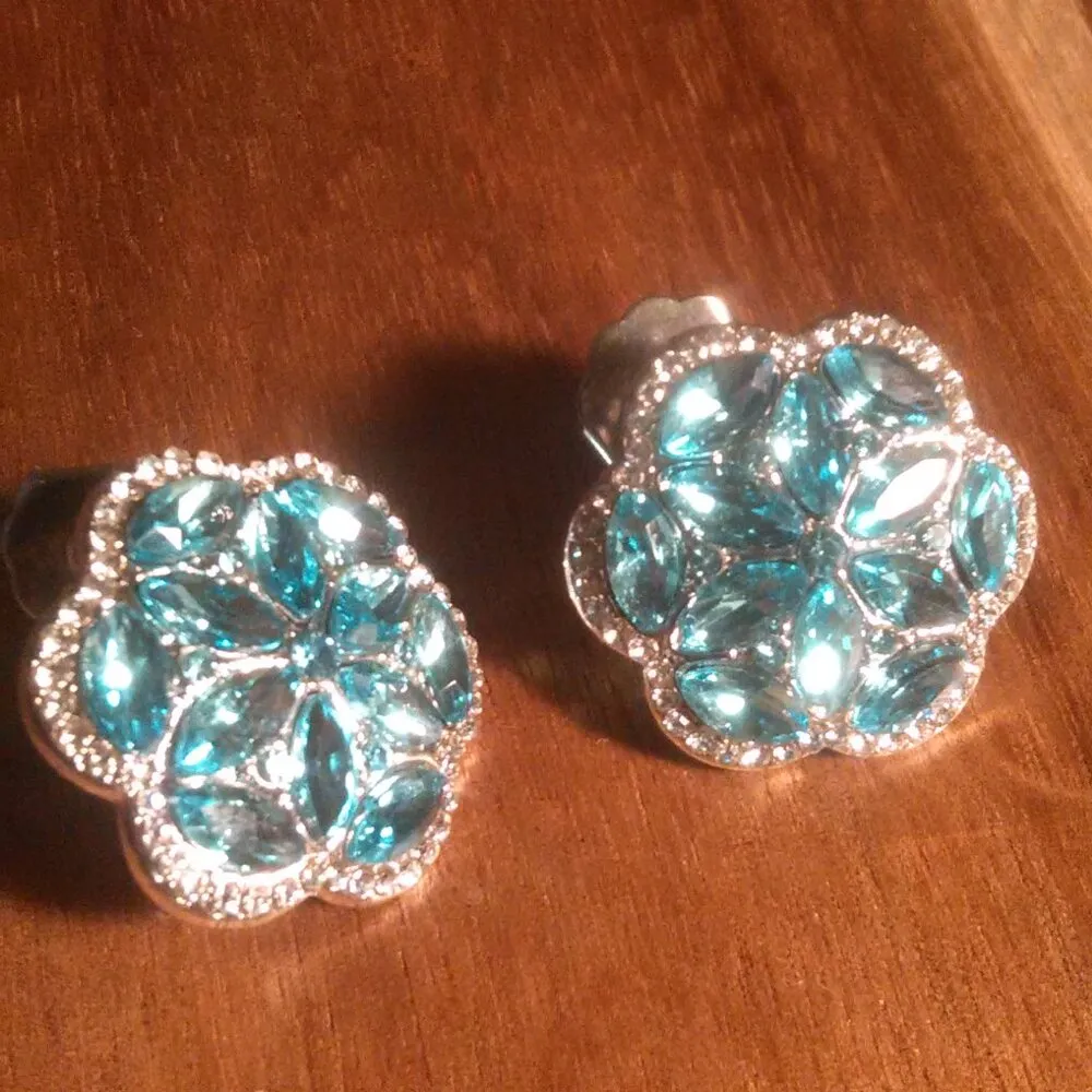 Sky Blue and White Austrian Crystal Silvertone Stud Earrings - Image 6