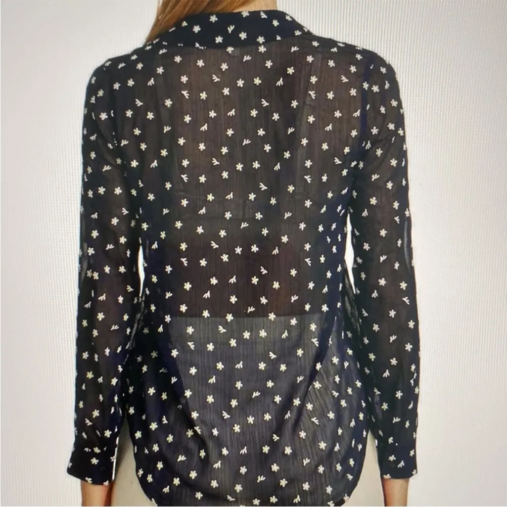 L’Agence Floral Embroidered Sheer Button Down Blouse Navy Blue Medium - Image 2