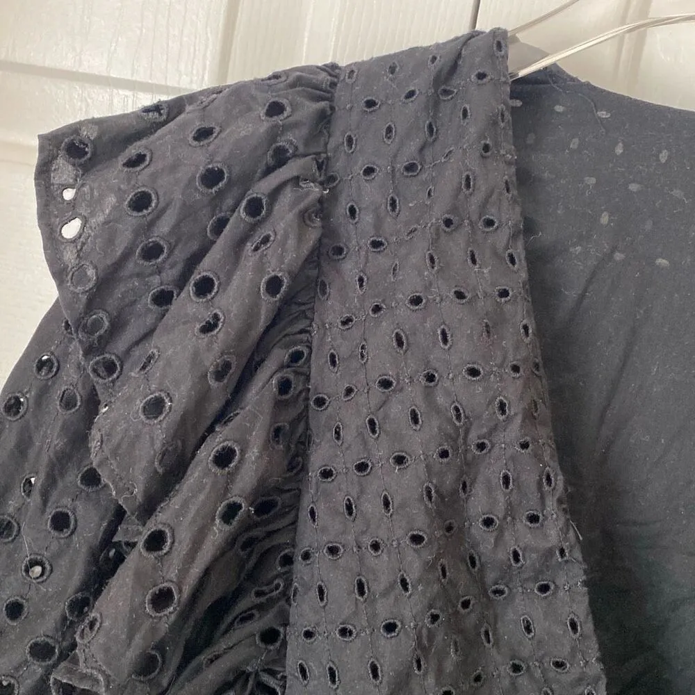 J. Crew Women's Ruffle Wrap Top Eyelet Black Blouse Large V Neck Peplum - Image 5