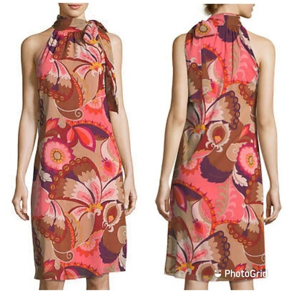 TRINA TURK Silk Halter Midi‎ Dress Sleeveless Paisley Print Bow Coral Size 0 New - Image 2