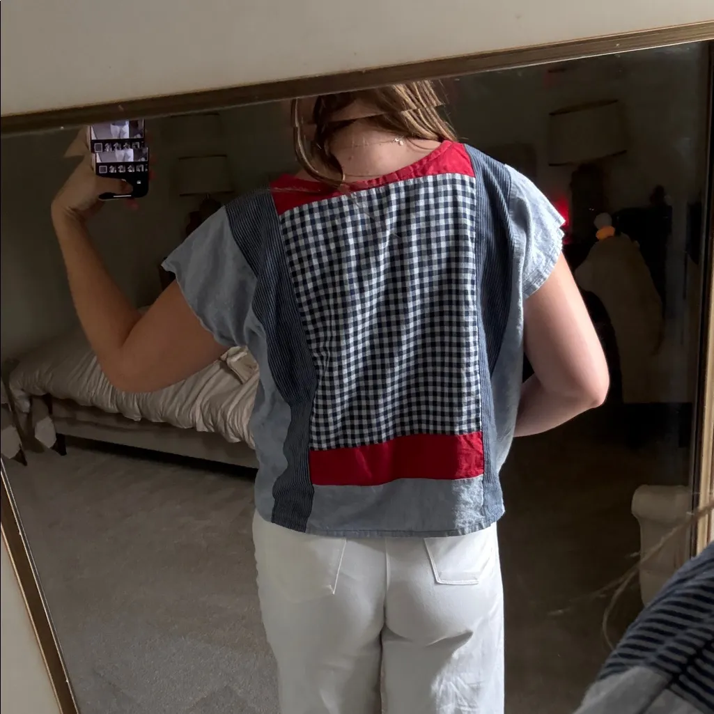 PAMUT red white and blue patchwork denim gingham shirt sleeve Top ! Size M - Image 9