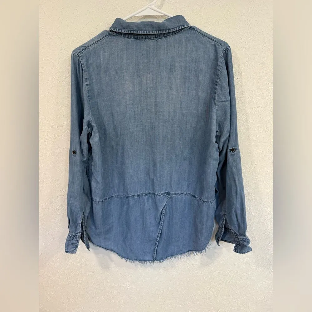 Beachlunchlounge Blue Chambray Raw Hem Button Down Shirt Size S - Image 3