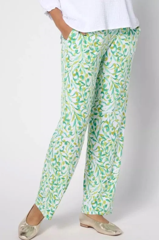 Susan Graver Green Pattern High Rise Straight Leg Liquid Knit Pull On Pants 1XP - Image 1