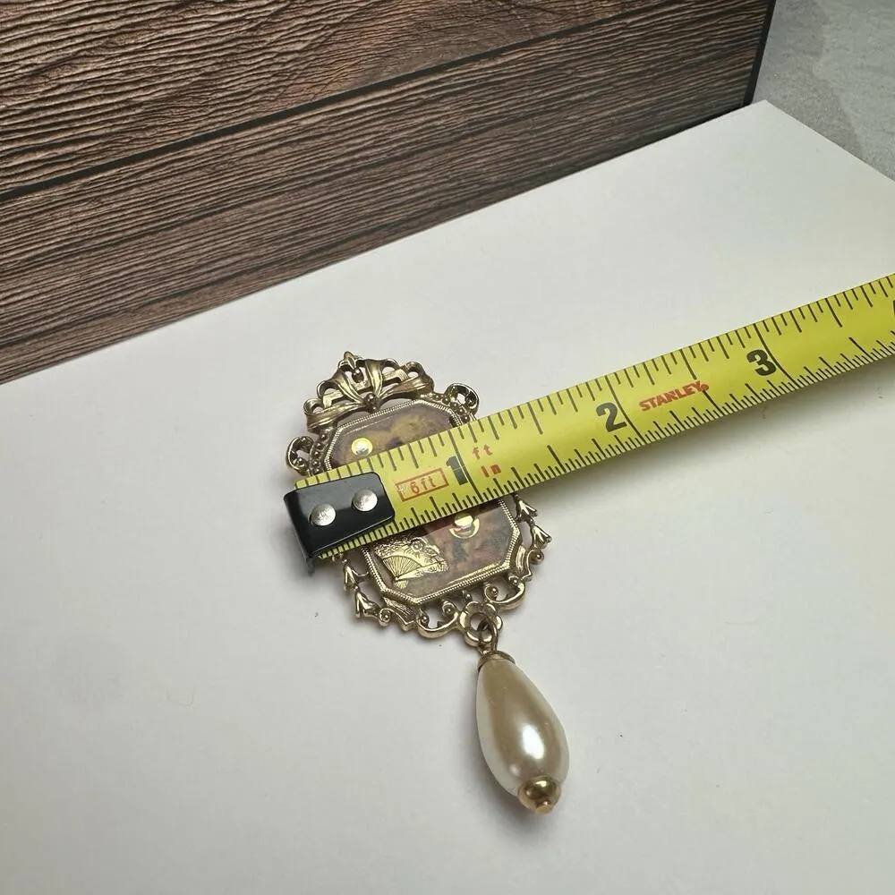 1928 Collection Cupids Listening To Music Faux Pearl Dangle Gold Tone Brooch Pin - Image 2
