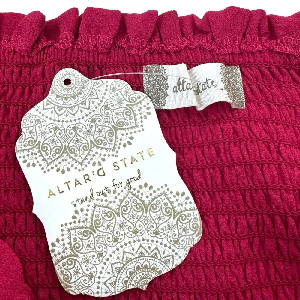 NWT Altar'd State Fuchsia Chiffon Overlay Puff Sheer Sleeves A-Line Lined Dress - Image 3