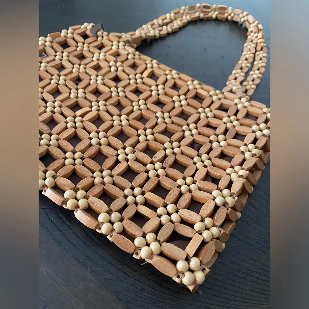 American Vintage VTG Wooden Flower Beaded Double Strap Shoulder Bag Purse - Image 3