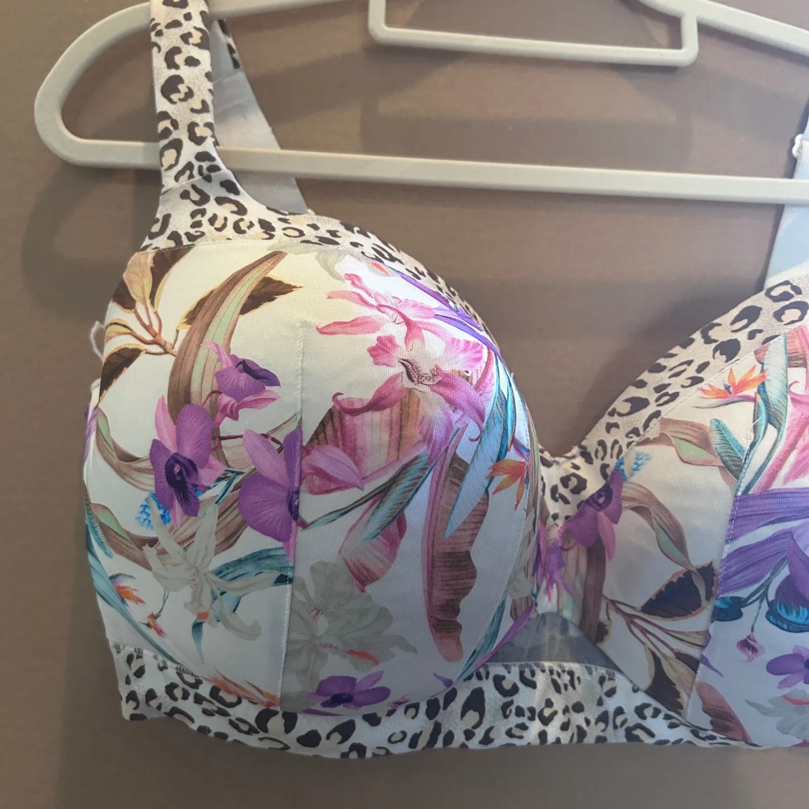 Cacique 46DD Lightly Lined Balconette Bra Tropical Floral Leopard Print - Image 2