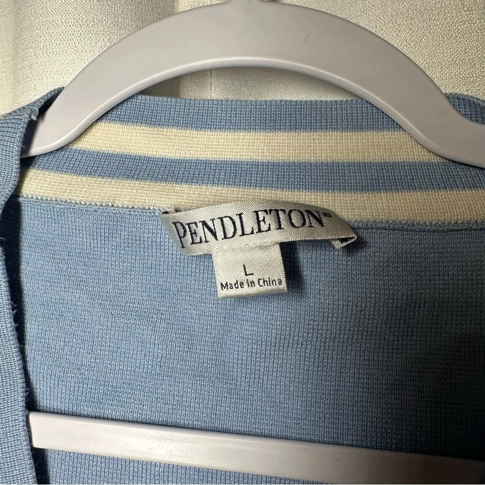 Pendleton Cardigan Sweater Blue White Striped Silk Sz L Preppy Academia Varsity - Image 4