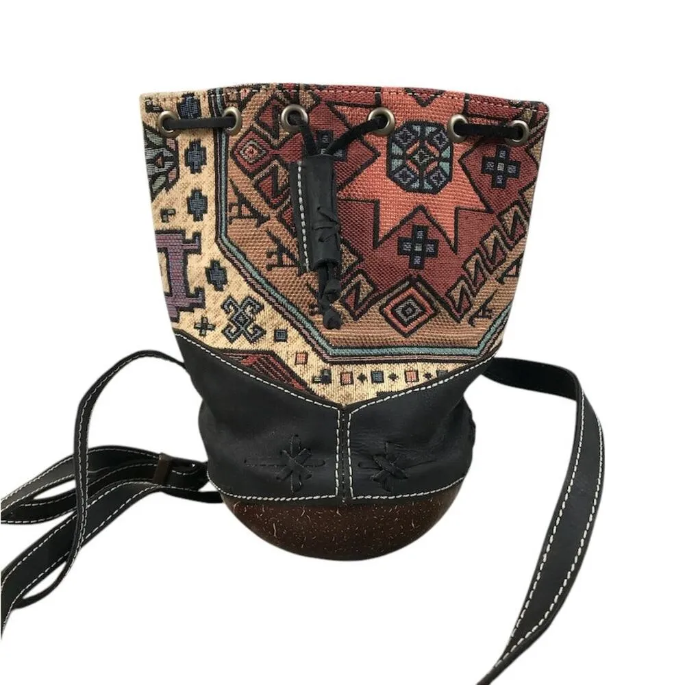 COCOBAG Handmade Tapestry Coconut/Leather Bucket Bag Unique Western Rare Aztec Brown - Image 2