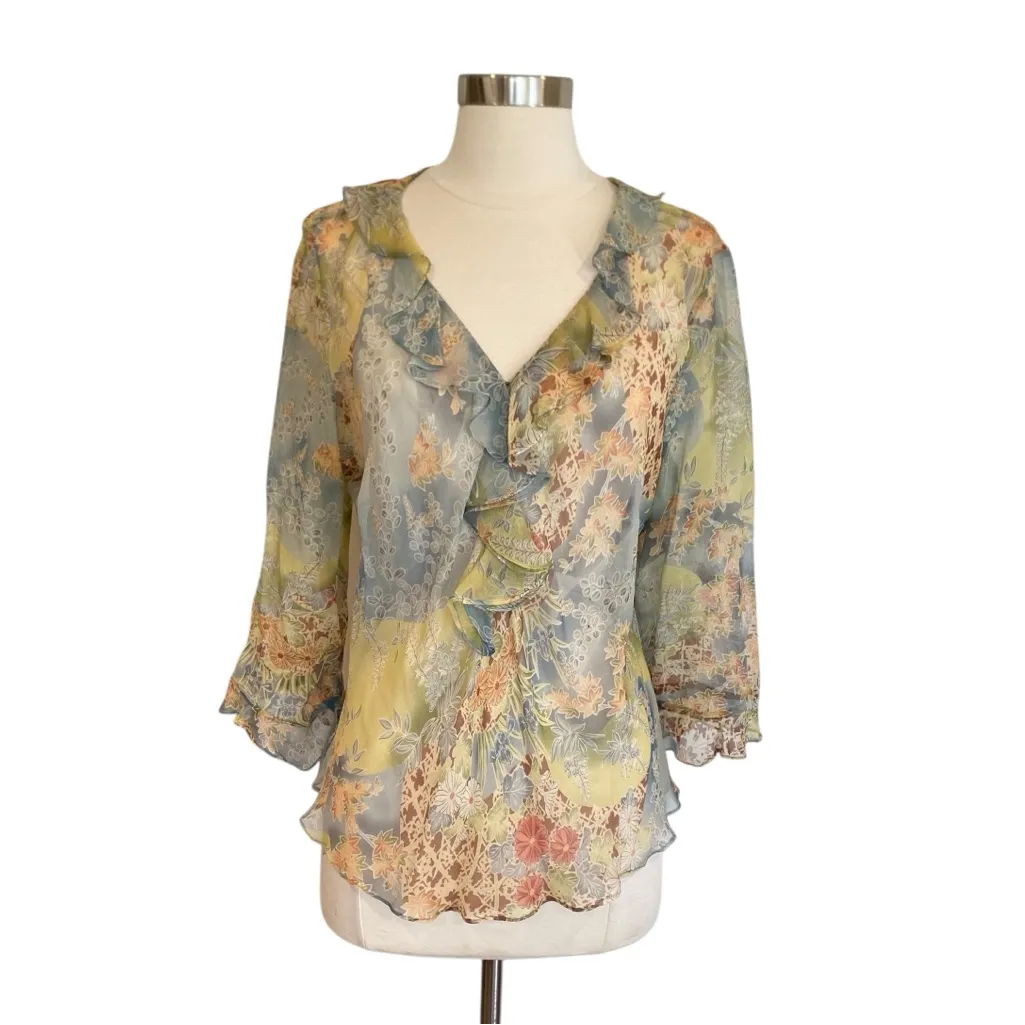 Y2K Silk Floral Ruffle Blouse Fairycore Sheer Top Size XL - Image 2