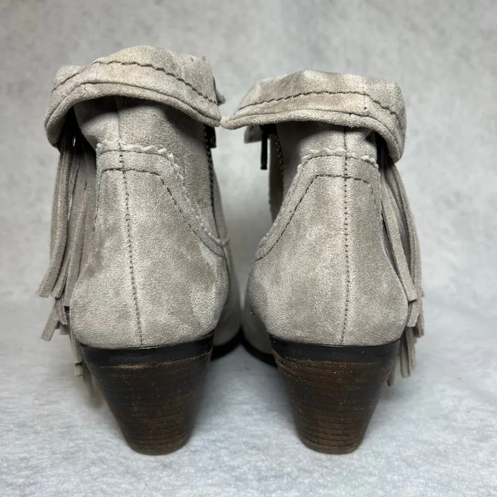 Louie Fringe Western Suede Leather Heeled Bootie Boot Tan Sz 6.5 - Image 6