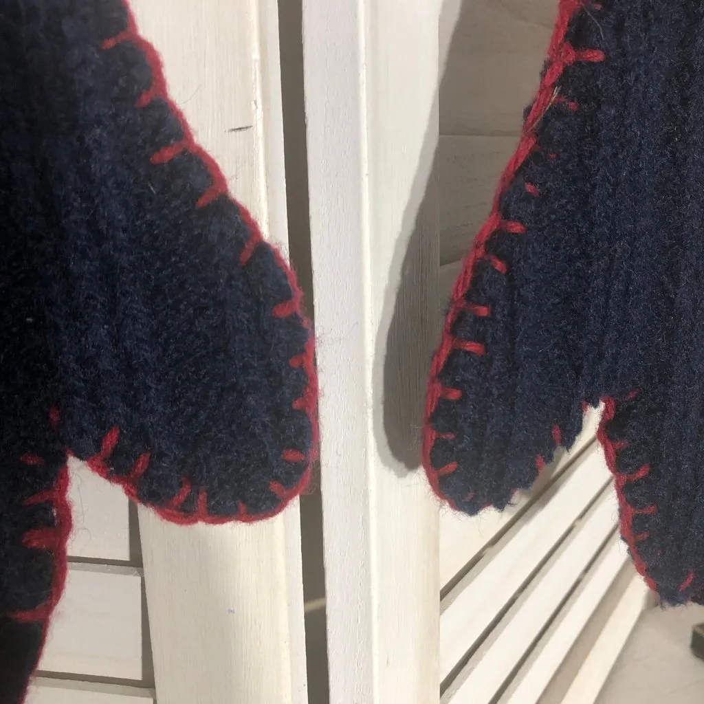 Vintage Thick Wool Knit Mittens Cookie Buttons Hand Crocheted Trim Navy Blue L - Image 8