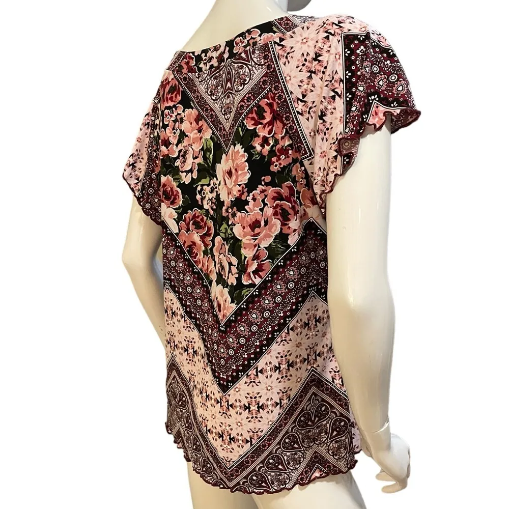 Diana Bell Boho Floral Print Ruffle Short Sleeve Top 2X Pink Size XL - Image 4