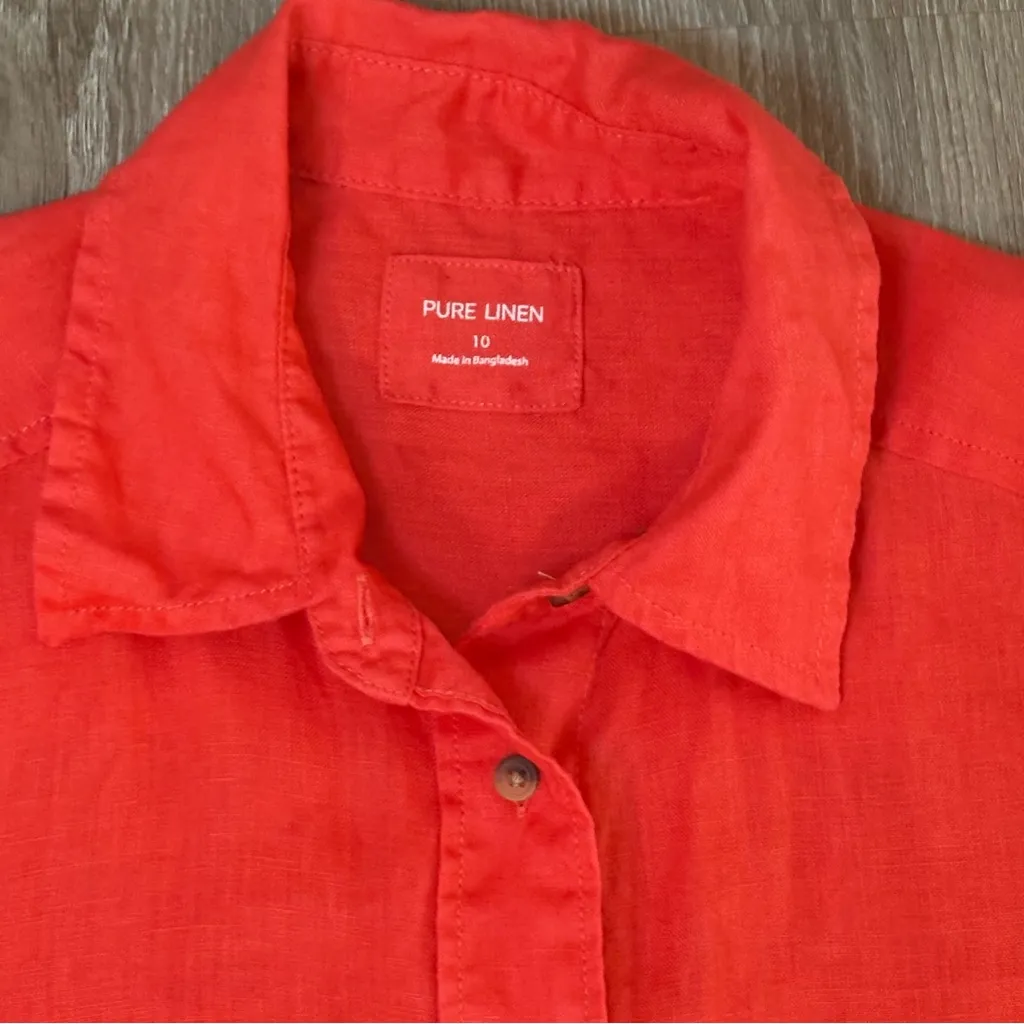 Apple Red Pure Linen Button Up Shirt Long Sleeve 100% Linen Size 10 Classic Prep - Image 2
