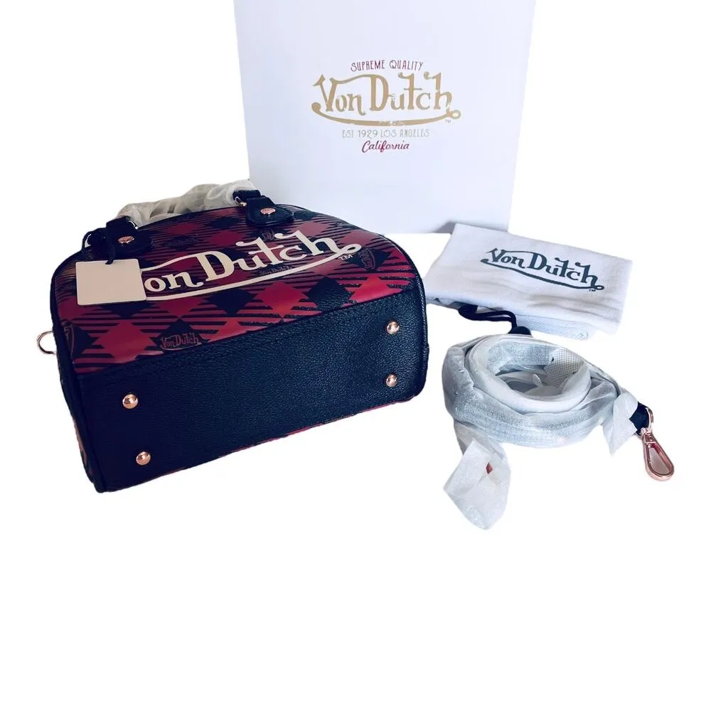 NEW Von Dutch Red & Black Plaid HANDBAG Bowling Bag Crossbody Satchel Purse NWT - Image 3