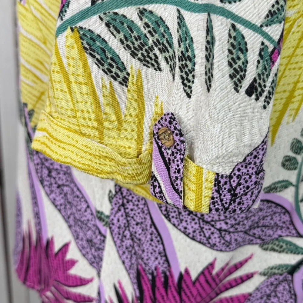 Jane & Delancey Tropical Print Button Up Short Sleeve Shirt Large‎ - Image 6