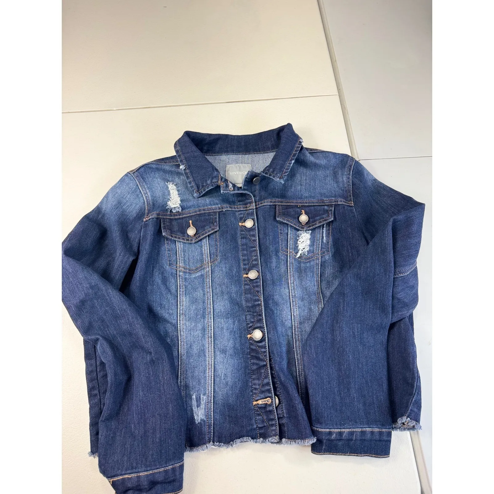 Lovesick Distressed Denim Jacket Cropped Blue Jean Jacket Raw Hem Juniors 1 Size 0 - Image 9