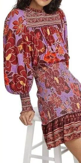 Farm Rio Sweet Floral Long Sleeve Mini Dress Smocked in Lilac Purple Red Size S - Image 2