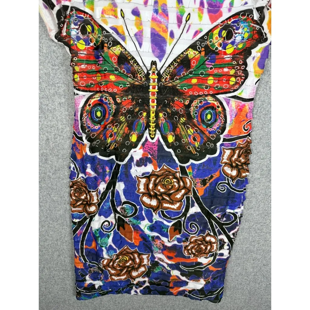 Moa Moa Womens Small Dress Butterfly Short Sleeve Y2K Multicolor Stretch Art - Image 3