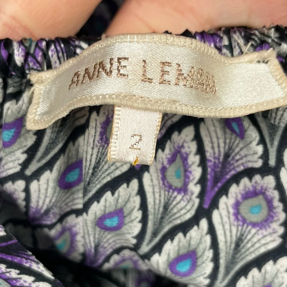 Anne Leman Black Purple Peacock Feather‎ Print Strappy 100% Silk Flowy Dress Size 2 - Image 7