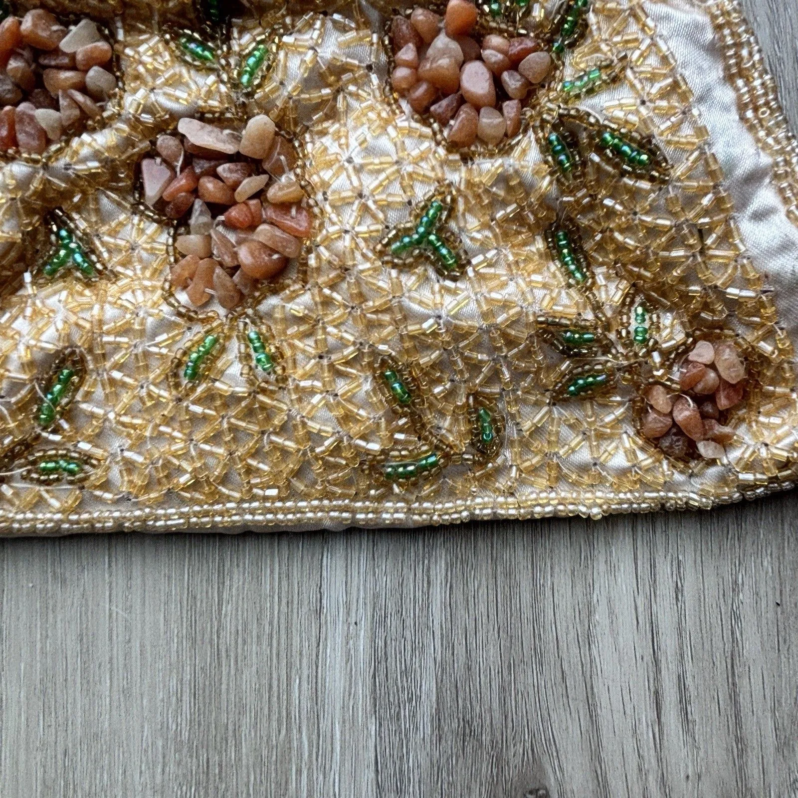 Vintage Beaded Stone Natural Coral Peach Clutch Purse Evening Bag WORN Lining Orange - Image 5