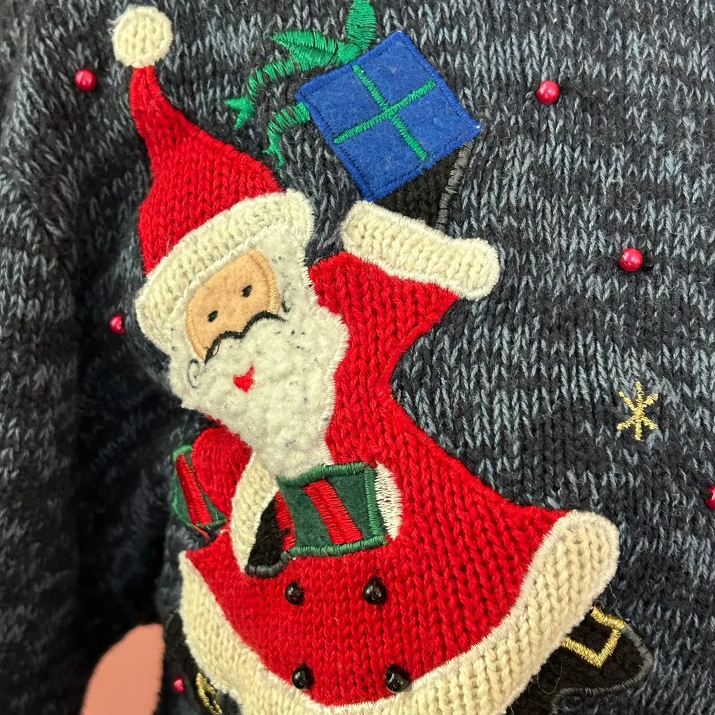 VTG 90s Y2K embroidered Santa motifs ugly Xmas sweater cardigan whimsical L Red Size L - Image 6