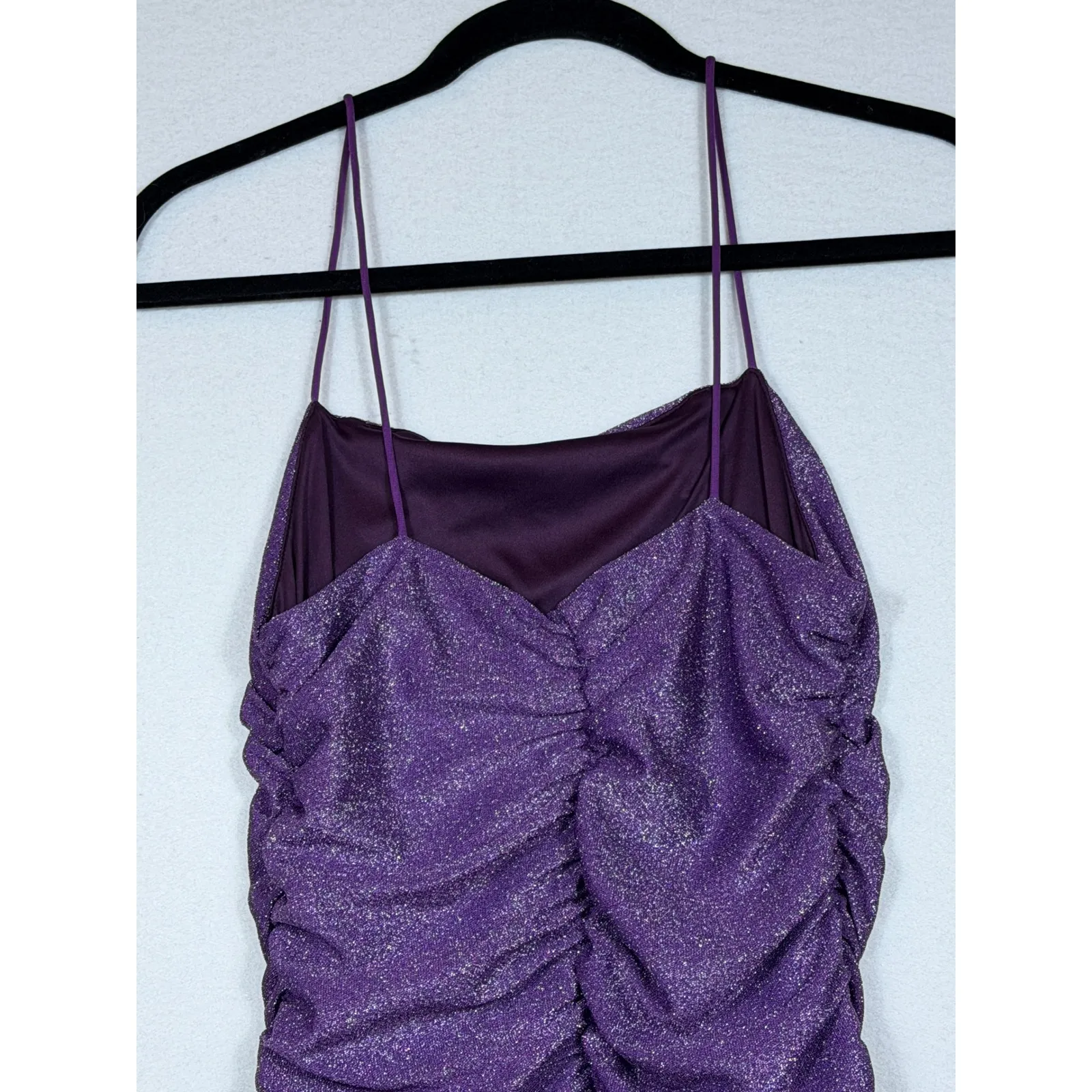 SHEIN Petite S Ruched Glitter Party Prom Dress Mini Purple Spaghetti Strap - Image 7