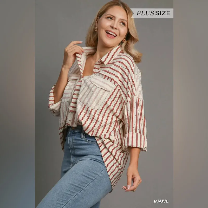 Umgee Striped Henley Oversized Laser Cut Slouchy Long Sleeve Top Size L - Image 13