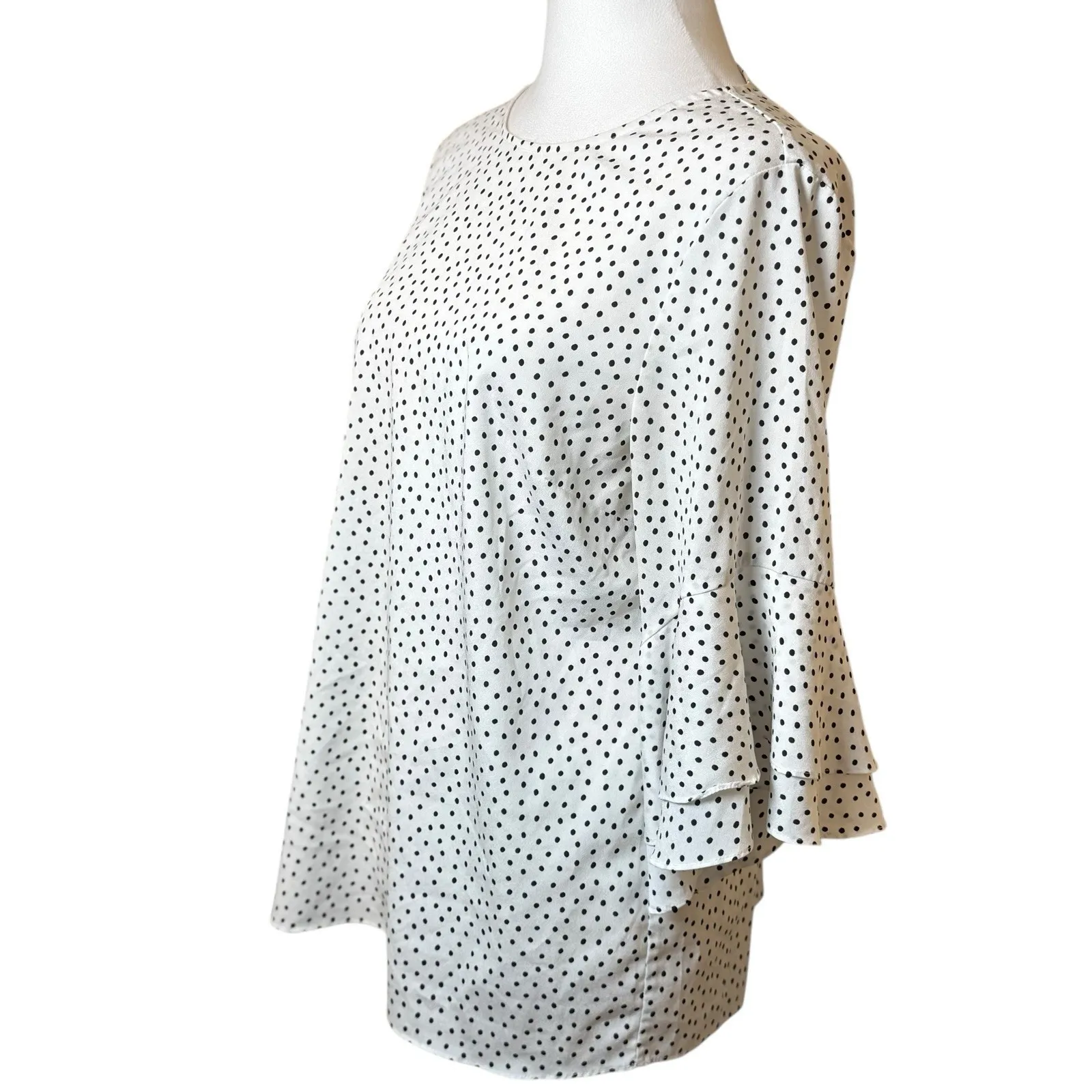 Karl Lagerfeld Top Medium White Black Polka Dot 3/4 Length Tiered Ruffle Sleeve - Image 2