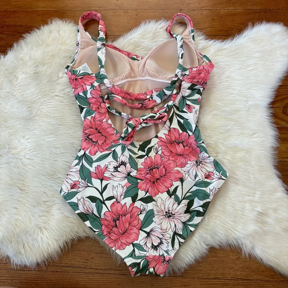 Pink White & Green Floral Open Back Ruched One Piece Swimsuit - Image 5