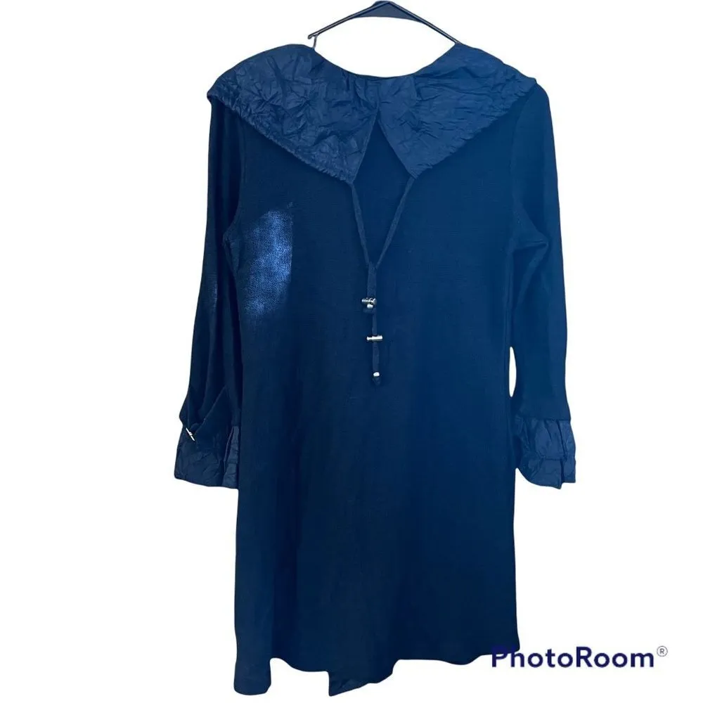 Puli Navy 3/4 Sleeve Ruffle Front Sweater Cardigan - Image 2