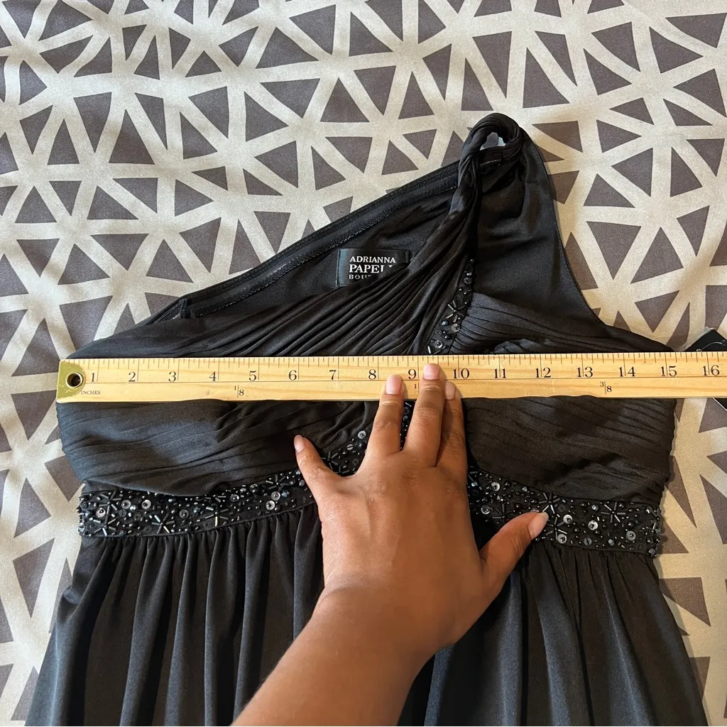 Adrianna Papell Boutique Elegant Satin Black Beaded One-Shoulder Babydoll Dress‎ - Image 12