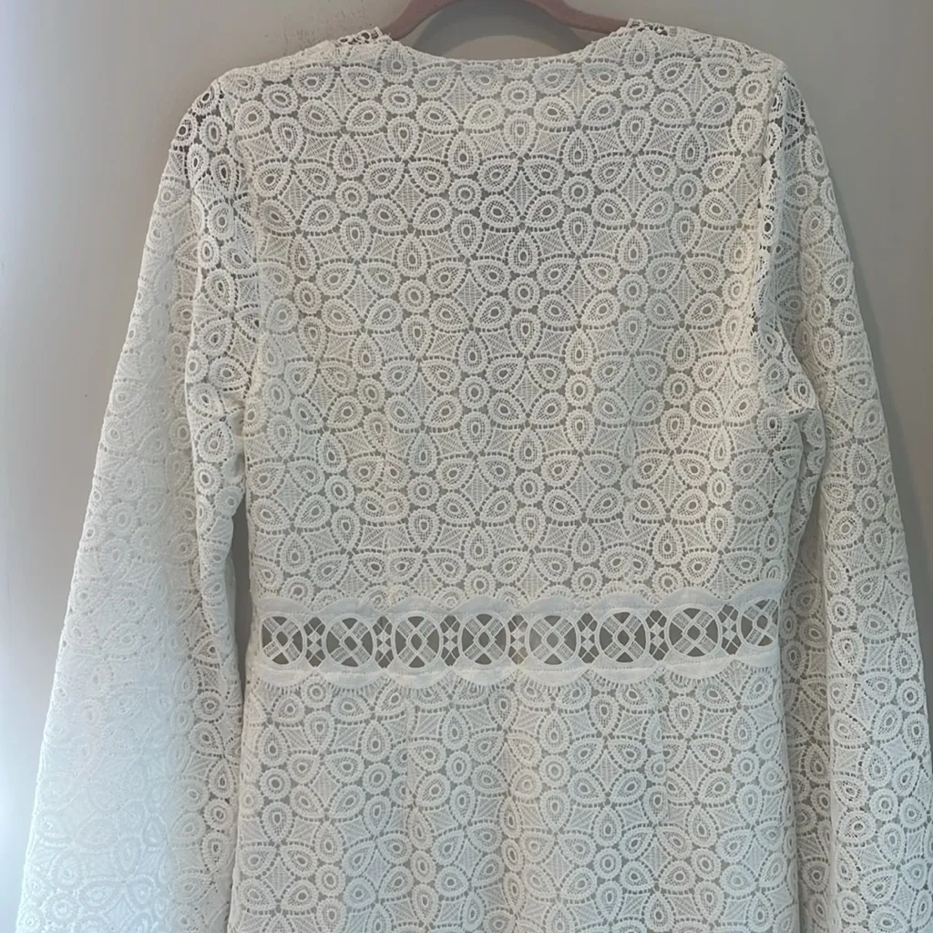 Ba&sh Lace Dress White Crochet Short Bell Sleeves A Line Size Large NWT - Image 11