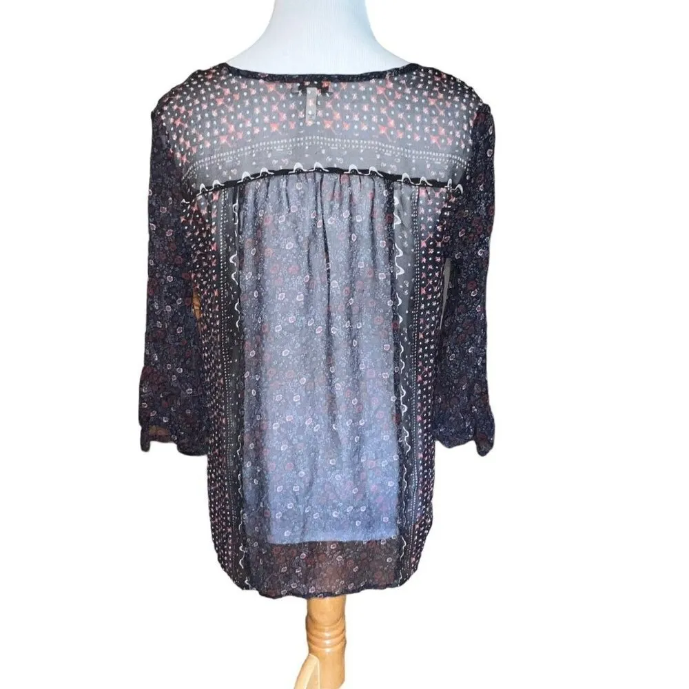 JOIE FLORAL SILK SHEER BLOUSE ROLL TAB SLEEVES BLUE Style J058-23088 Women‎ XS - Image 4
