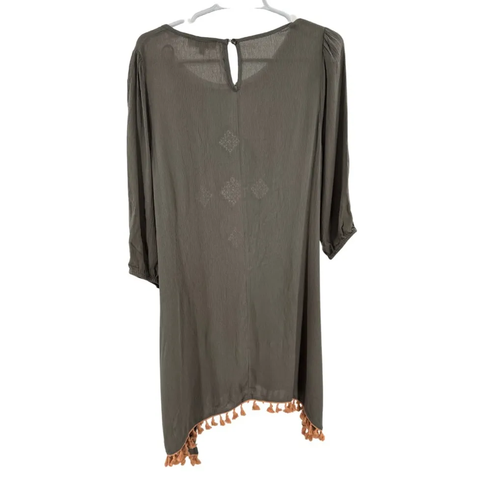 Umgee S Boho Olive Tunic mini dress Embroidery fringe tassels coverup oversized - Image 2