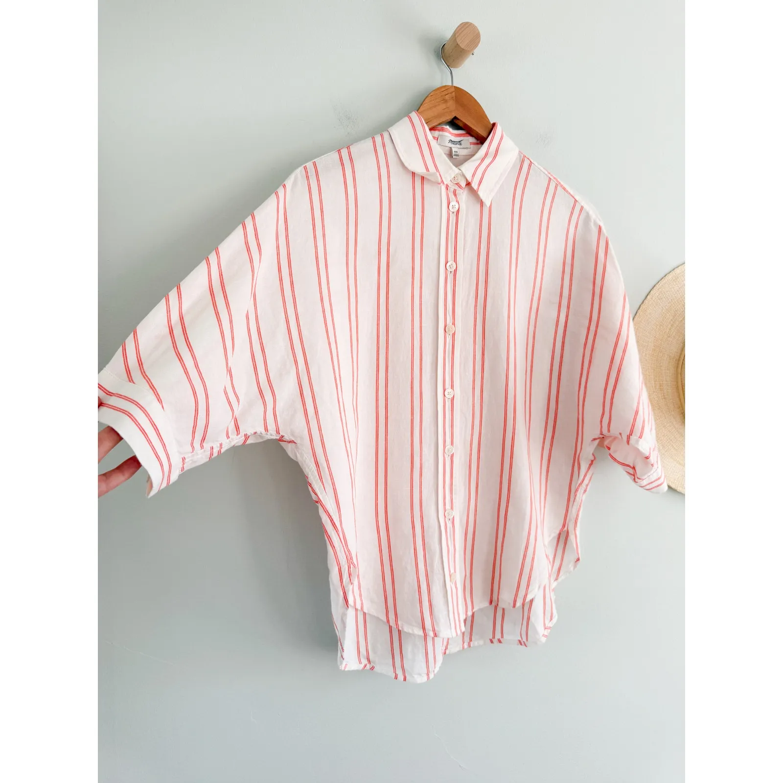Madewell | NWT Oversized Pleated-Sleeve Button-Up Shirt in Bright Flame | Sz XXS - Image 4
