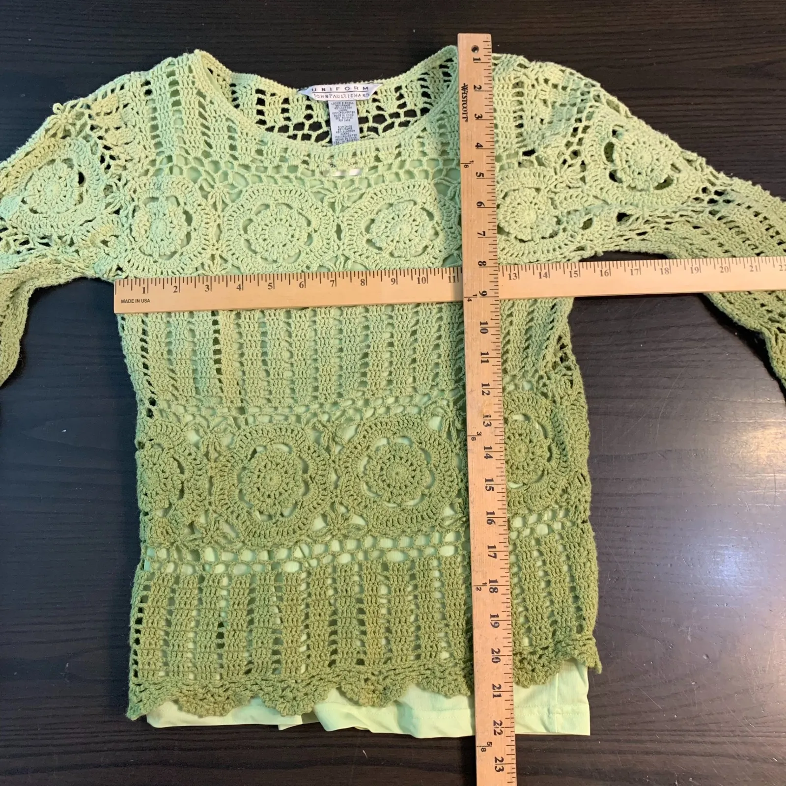 Uniform John Paul Richard Green Crochet Lace Knit Long Sleeve Sweater Top Smal - Image 5