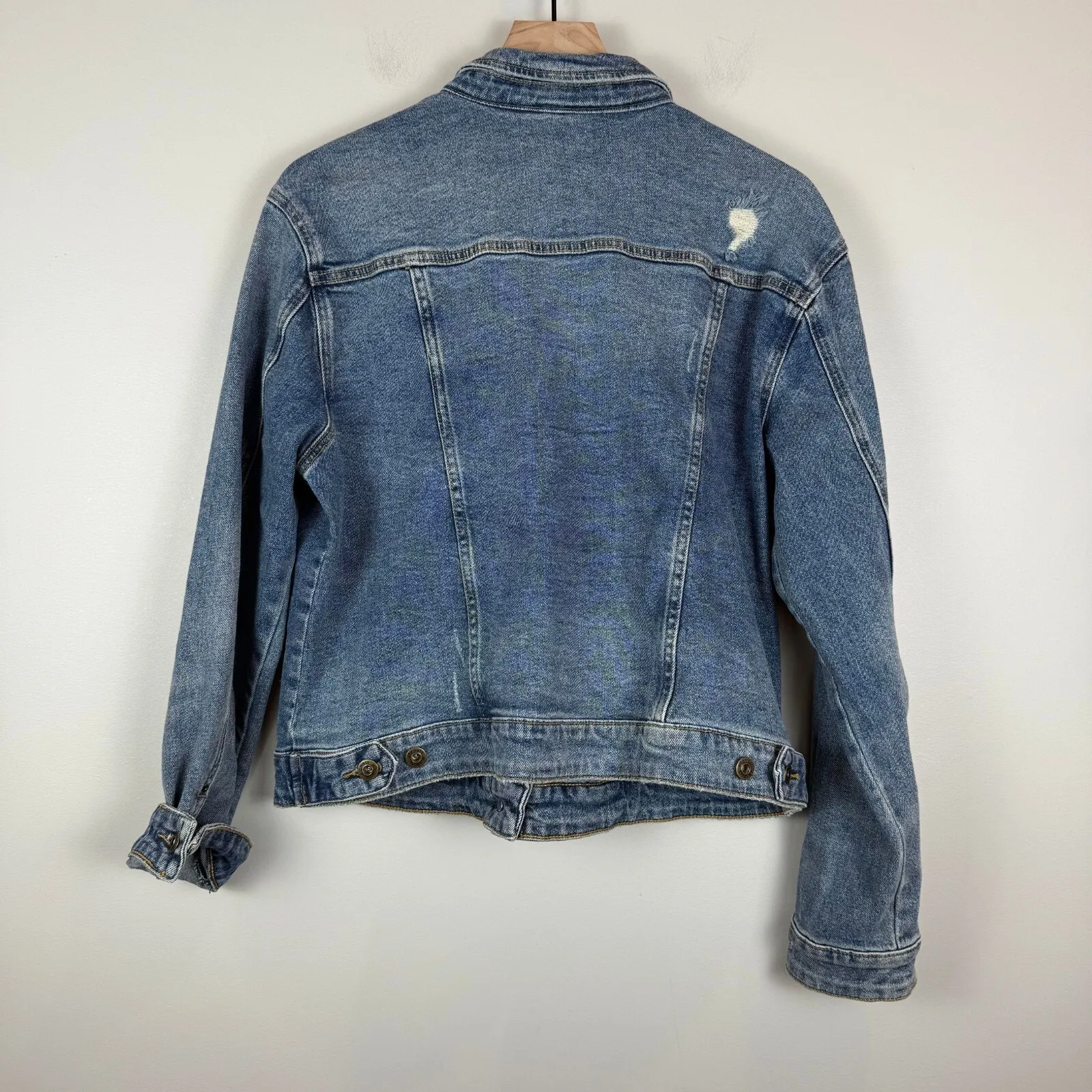 Ella Moss Denim Trucker Jacket Women Large Blue Distressed Button Front‎ Western - Image 6