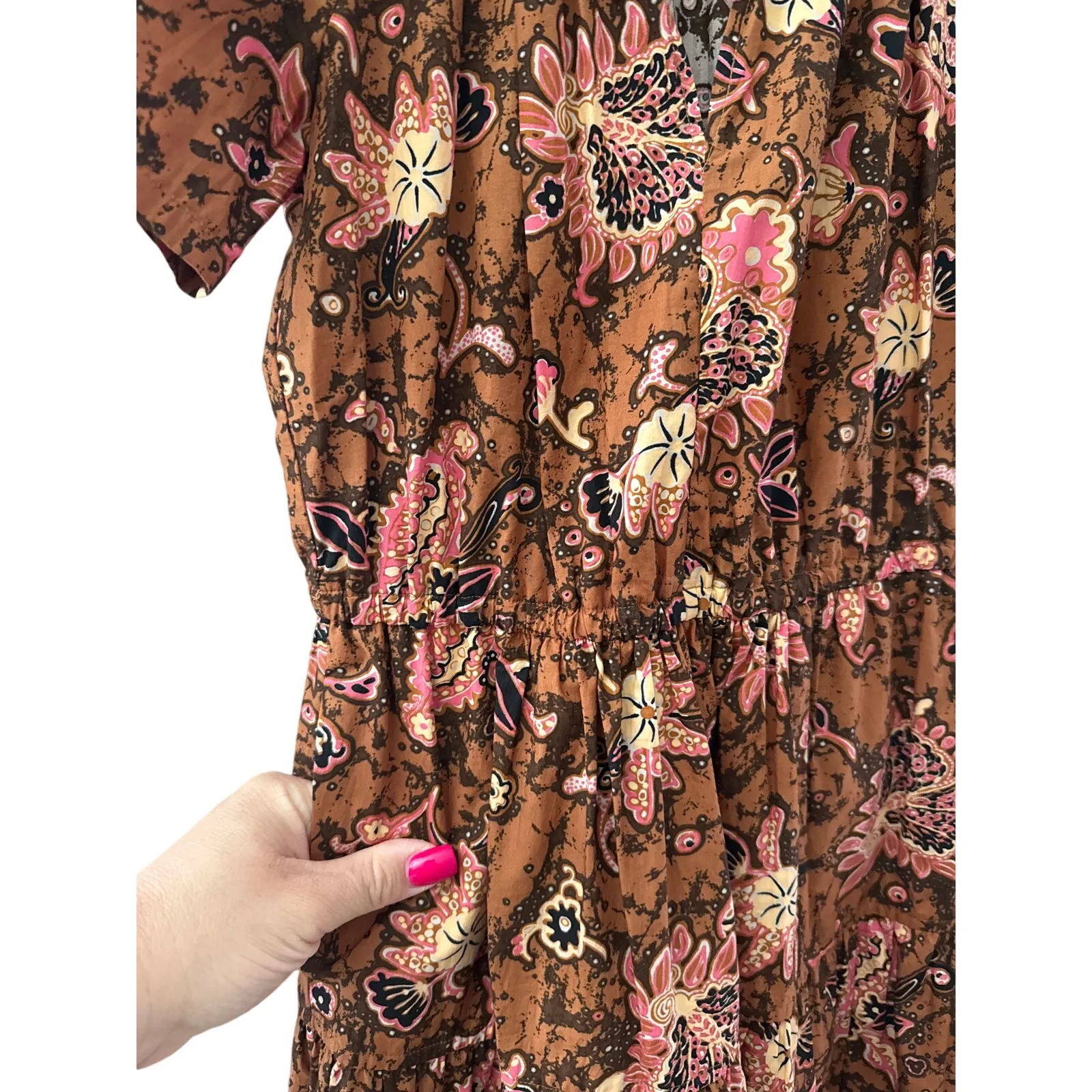 A.L.C. Mischa Boho Poplin Cotton Printed Midi Dress in Cognac & Coral Size 2‎ - Image 13