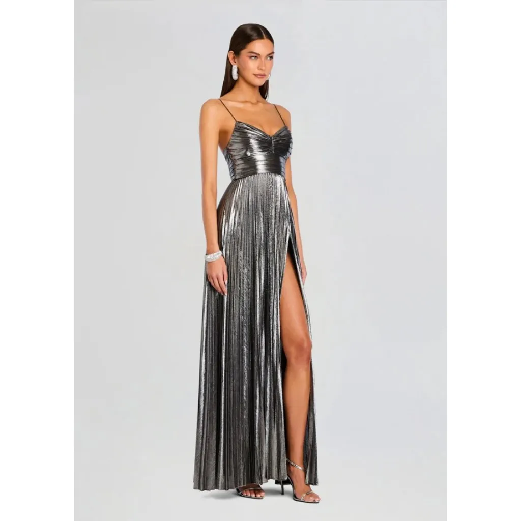 New Retrofête Cherith Metallic Pleated Maxi Gown Gunmetal Silver Size S $650 - Image 4