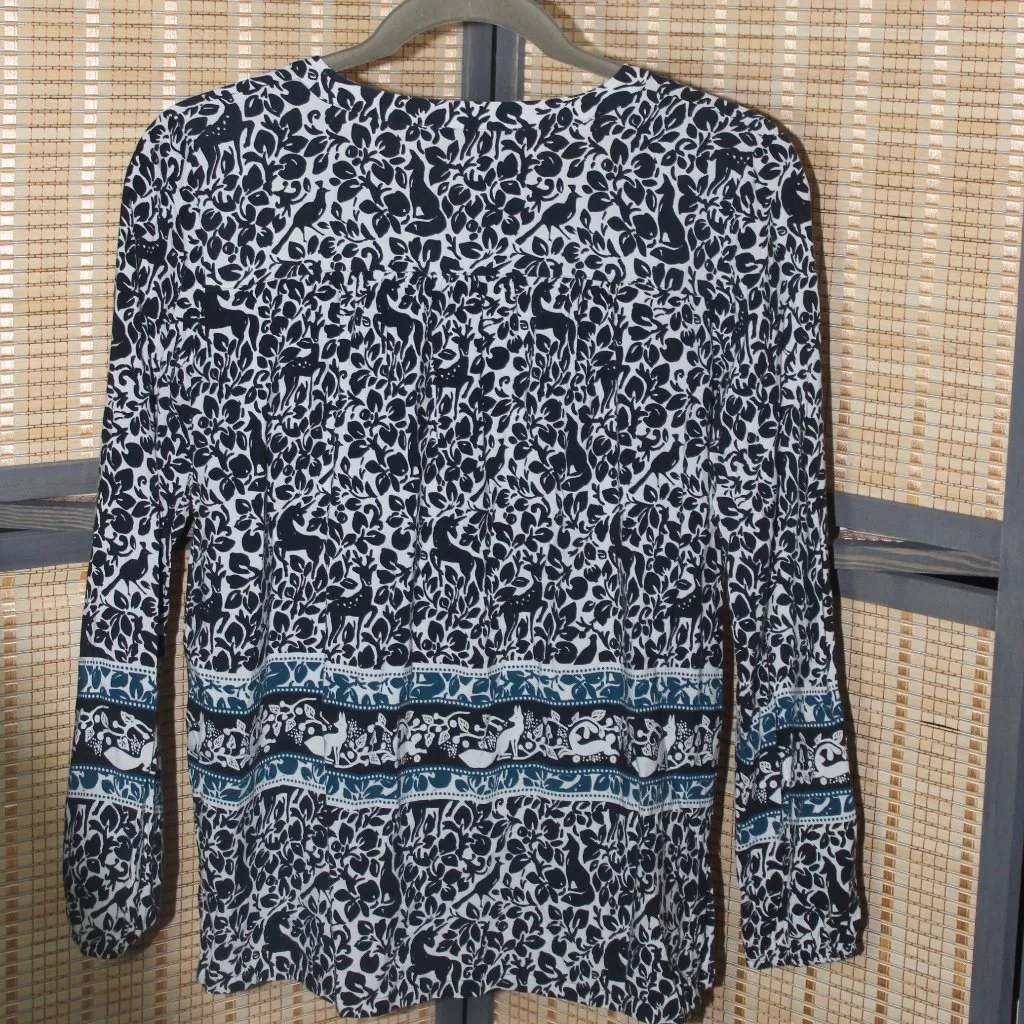 LOFT Navy White & Teal Blouse with Woodland Creatures and Unicorn Motif - Image 3